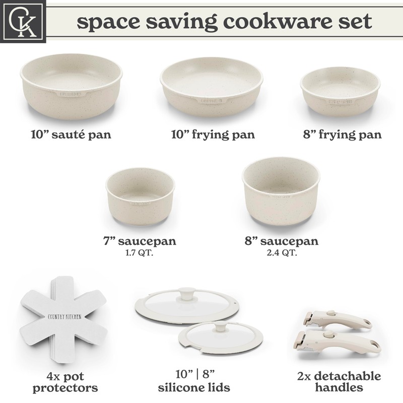 Country Kitchen Cookware Set with Removable Handle, Oven & RV