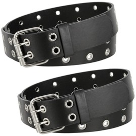2 Count Double Grommet Twin Prong Nickle Roller Buckle Leather Casual Jean Belt 1-1/2"(38mm) Wide (Black, M)