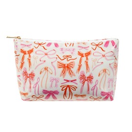 Large Waterproof Travel Sunscreen Makeup Bag with Bow Pattern,Aesthetic PVC Toiletry Bag,Coquette Beach Cosmetic Bag Organizer,Cute Preppy Travel Accessories Essentials for Women and Girls (Orange)