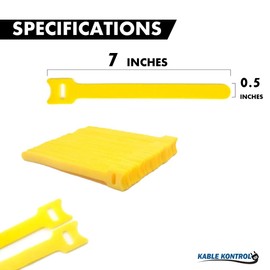 Kable Kontrol Hook and Loop Fastener Tape Wraps, 7” Inch x 1/2” Inch, Double Sided Non-Adhesive Non-Sticky Nylon Reusable Strip Adjustable Strap Wire Organizer Cable Wrap – Yellow – 20 Pcs