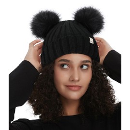 Hat Hut Winter Hats for Women Satin Lined Beanie Hats for Women Ladies Bobble Hat Double Pom Pom Beanie Cap (B1-Black 2 Black Poms)