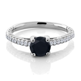 Gem Stone King 1.46 Ct Round Black Onyx E-F Lab Grown Diamond 925 Sterling Silver Engagement Ring (Size 7)
