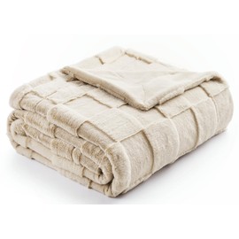 Cozy Bliss Tan Checkered Large Faux Rabbit Fur Twin Lightweight Bed Blanket, Fleece Soft Fuzzy Fluffy Minky Furry Blankets for Couch, Bed, Adults (60 * 80 Inches Beige)