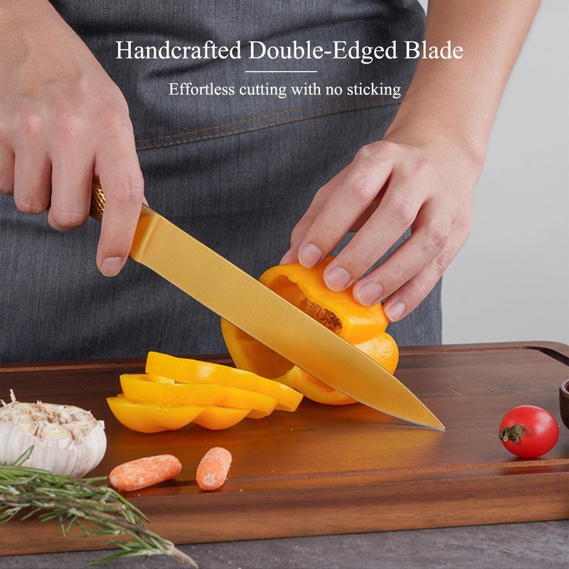 8-Piece Luxury Gold Kitchen Knife Set with Wooden Block Non-Rust