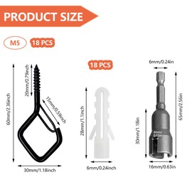 Pack of 18 Screw Hooks with Fuse, Stainless Steel Hooks for Screwing with Fuse, Black Screw Hook with Wing Nut Screwdriver, Black Hook Screws Set for Flower Pots, Fairy Lights