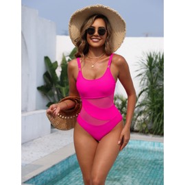 Blooming Jelly Women's U-Neck Mesh Swimsuit One Piece with Metal Rings and Slimming Bathing Suit 2025 (Large, Hot Pink-02)
