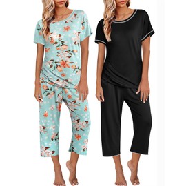 Ekouaer 2 Pack: Womens Pajamas Short Sleeve Sleepwear Tops and Capri Pants Pjs Print Pajama Sets with Pockets Blue Flowers Black M