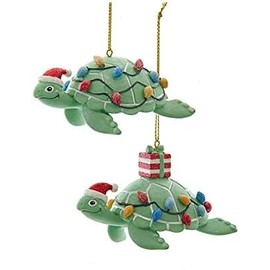 The Bridge Collection 4-Inch Resin Turtle Christmas Ornaments with Santa Hats, Presents, and Holiday Lights - Set of 2 Coastal Beach-Themed Holiday Decorations