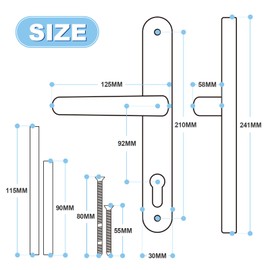 GANZTECH 1 Set Chrome Plating UPVC 304 Stainless Steel Door Handle, 92mm PZ (Centres),Backplate 243mm,210mm Screw to Screw,Chrome Plating Replacement PVC Door Handle