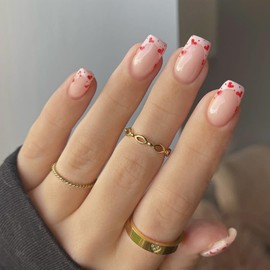 24Pcs Valentines Press on Nails Short Square Fake Nails with Heart Designs French Tip Acrylic False Nails Full Cover Love Hearts Nails Tips Glue on Nails Valentine Nail Art Decorations for Women Girls