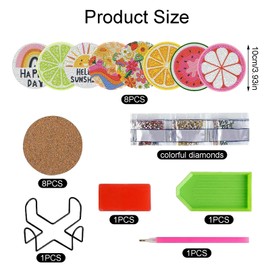 8Pcs Round Diamond Art Coasters, Insulated Non-Slip Fruit Coasters Set with Holder 5D DIY Full Drill Diamond Craft Supplies for Adults Kids Beginners Home Decor Car Cup Drinks