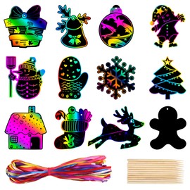 KEYIDO 48 Pcs Christmas Scratch Art Christmas Party Bag Fillers for Kids Christmas Activities Crafts Cards Christmas Hanging Decorations with 24pcs Wood Stylus and 48pcs Ribbons