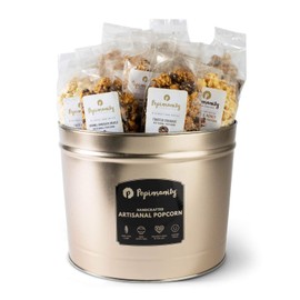 POPINSANITY Gourmet Popcorn Elegant Gift Set - 20 Pack Party Tin with 20 Individual 2.5 Oz Snack Size Bags Overflowing w/ 8 Most Popular Popped Popcorn Flavors. Kosher, Non Dairy, Non GMO. Prime Gift