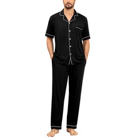 SWOMOG Men Pajamas Set Two Pieces Short Sleeve Sleepwear Button Down Loungewear Set Soft Modal Pj Set with Pockets Black Small