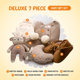 Baby Shower Gifts for Boys Girls - Baby Gift Basket for New Born, Unique Baby Boy Gifts & Baby Girl Gifts, Baby Essentials Gift Set Include Baby Blanket, Rattle, Onesie and Moccasins, Gender Neutral