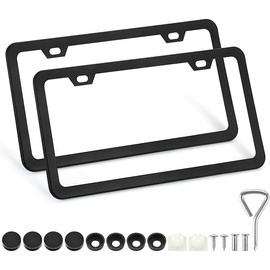 2 Pack License Plate Frames, 2 Holes Matte Black License Plate Frame,Aluminum License Plate Holder with Free Screws Fasteners Caps and Tool
