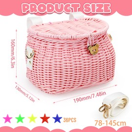 NCTNCX Children's Bicycle Basket, Handwoven Children's Front Bicycle Basket for Girls Boys with Lid and Shoulder Strap for Balance Bike Removable (Pink)