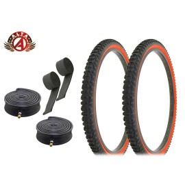 ALTA BICYCLE DURABLE TIRES 26 x 2.10 BLACK/RED MOUNTAIN ROUGH TREAD 6pc SET.