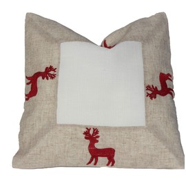 Cushion Cover – Deer – Beige and White Red Embroidered Very Beautiful Festive Embroidery for Winter Christmas Tablecloth Size: 40 x 40 cm