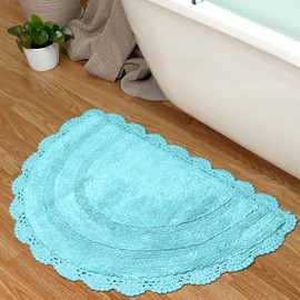 Chardin home Turquoise Gray Crochet Bathrug,100% Cotton Semicircle bathmat with artisanally Handcrafted Crochet Border, 20x32 Inch D Shape, Perfect for Half Baths, Powder Rooms, bathrooms