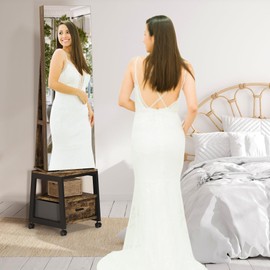 GarveeHome Full Length Mirror Jewelry Organizer, 66" Lockable Jewelry Armoire with Led Light, Standing Jewelry Storage Cabinet with Back Shelf and Drawer, Retro Brown