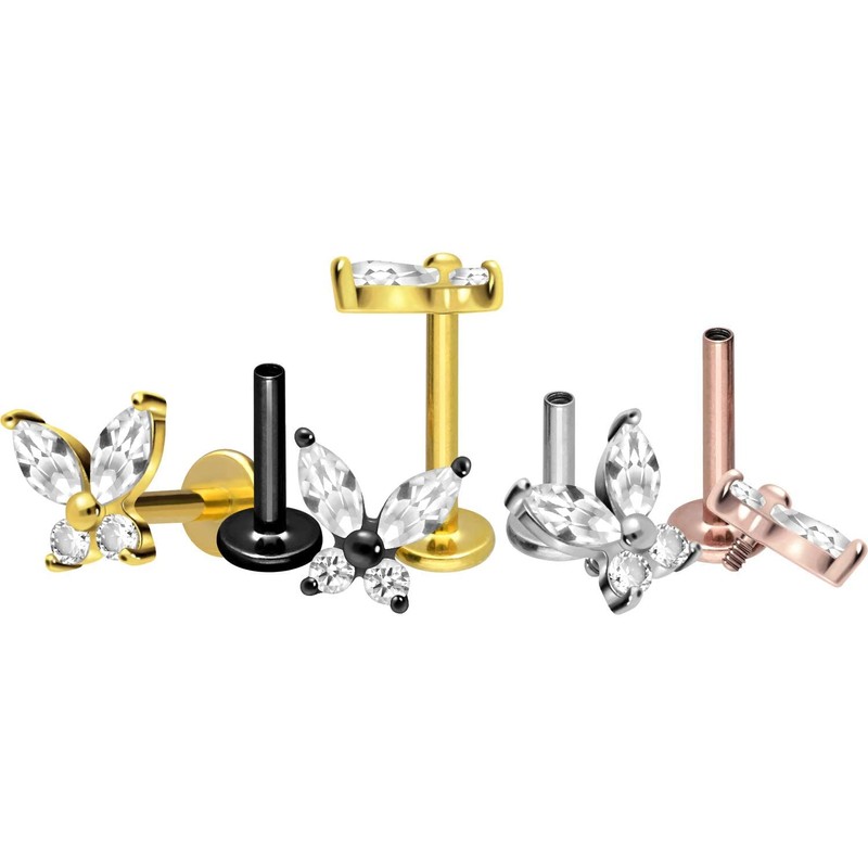 PIERCINGLINE Titanium Labret with Internal Thread Titanium Attachment Crystal Butterfly