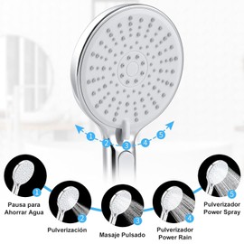 5'' Cabezal de Ducha de Mano, 5 Modos Ducha de Gran Caudal,Cromo de Cabezal de Ducha de Alta Presión,Regaderas para Baño con Manguera de 6,5ft Soporte y Cierre de Agua con un Toque,para Baño Hotel etc