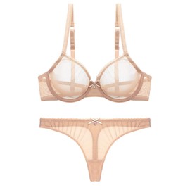 Varsbaby Women's See Through Sheer Mesh Unlined Underwire Everyday Bra and Panties(D303TS-Beige-34C+N082TS