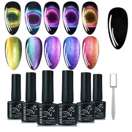 AHAMIOU 9D Cat Eye Gel Nail Polish Magnetic Nail Polish Holographic Cats Eyes Gel Nail Polish Gel with Chameleon Magic Effect with Magnet Stick 6PCS (9D Cat Eye Set 1)