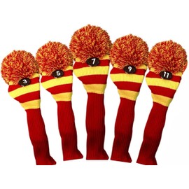 Majek Golf Club 3 5 7 9 11 Yellow and Red Limited Edition Fairway Wood Head Covers Tour Knit Retro Vintage Pom Classic Long Neck Metal Longneck Woods Headcovers