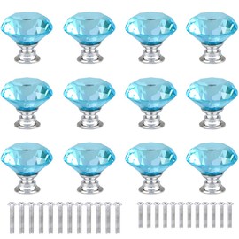 ANJUU 12 Pcs 30mm Diamond Shape Crystal Glass Cabinet Knobs with Screws Drawer Knob Pull Handle Used for Kitchen, Dresser, Door, Cupboard (Azure)