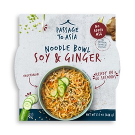 Passage to Asia Soy & Ginger Noodle Bowl | 4 Pack | 8.6 oz Microwaveable Meal | Ready in 60 Seconds | Hokkien Noodles | Vegetarian | 13g Protein | No MSG | No Artificial Colors or Flavors