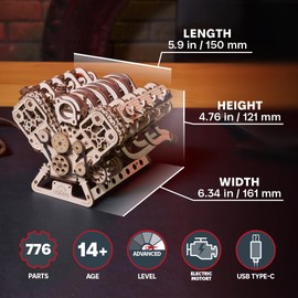 UGEARS V8 Engine Model Kit - Advanced 3D Wooden Puzzles for Adults - DIY Kits Gifts for Engineers - 3D Puzzle Model Engine Kit for Adults for Father's Day, Birthdays, Christmas - 776 Pcs