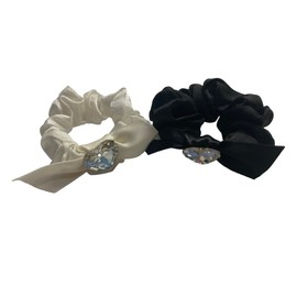 Crystal Satin Hair Scrunchies Black & White Set for Women, Girls, Cute Hair Ties Pack