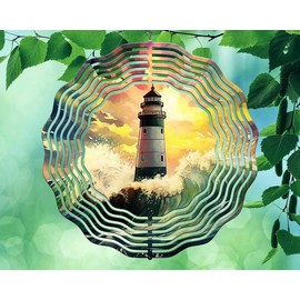 Liberty Flags & Gifts 8 Inch Lighthouse Ocean Waves Hanging Wind Spinner Yard Decor Aluminum Sublimated Garden Art Indoor Outdoor 3D Kinetic 8rws-059, Blue