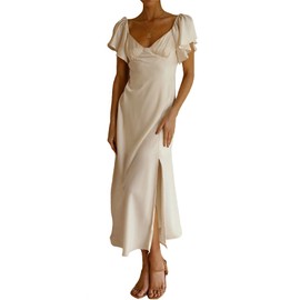 2023 Summer Women's Satin Off Shoulder Formal Dress Wedding Guest Elegant Butterfly Sleeve Split Cocktail Prom Midi Dresses Champagne