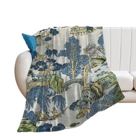 Chinoiserie Asian Scenic Blue Green Throw Blanket Soft Cozy Flannel Fleece Warm Microfiber Blankets for Couch Sofa Bed 60"x80"