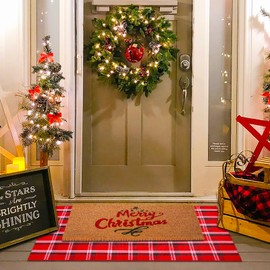 Christmas Red and Green White Plaid Rug - 28" x 43" Outdoor Front Door Mat, Cotton Washable Hand-Woven Rug for Layered Doormat, New Year Christmas Decor Carpet for Porch, Entryway