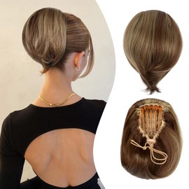 Cephermer Hair Bun Short Ponytail Extension Natural Fully Bun with Comb Clip Light Brown Mix Ash Blonde Synthetic Chignon Drawstring Updo for Women