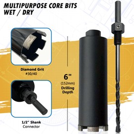 3-1/2" Dry/Wet Multipurpose Core Bit for Masonry, Concrete and Natural Stone, 6" Drilling Depth, 1/2" Shank Pilot Bit with 5/8"-11 Arbor