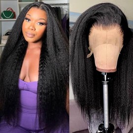 Kinky Straight Wig 13x4 HD Lace Front Wigs Human Hair 28 Inch Kinky Straight Human Hair Wig 180% Density HD Transparent Yaki Straight Lace Frontal Wigs for Black Women Natural Color