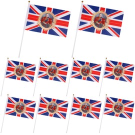 TRIXES Pack of 10 King Charles III Coronation 2023 Waving Union Jack Flags - Decorative Flags with Sticks and the King's Face