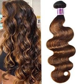 UNice Ombre Brown Highlight Body Wave Human Hair Weave 1 bundle 10 inch, Brazilian Remy Hair Dark Root Blonde Human Hair Weaves Extension Piano Color TFB30