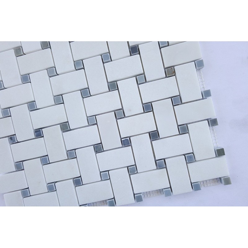 Thassos White Greek Marble Basketweave Mosaic Tile with Bardiglio Blue