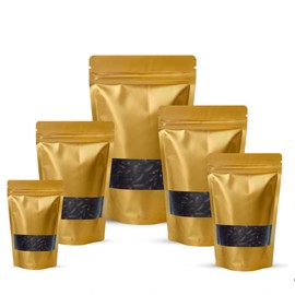 25pcs Window Standup Bags With Window, Resealable Food Bags Ziplock With Window, Sealable Zipper Bags Reusable Mylar Baggies Heat Seal Packaging Bags for Food Storage (Window Gold Matt, 11x17cm)