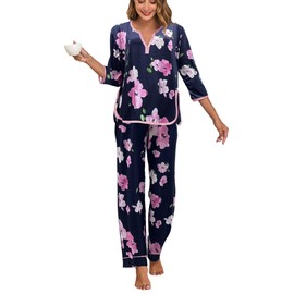 Famulily Ladies Pyjamas 2 Piece Loungewear Set Floral Print Pjs Split V Neck Top and Elastic Pants with Pockets Pink L