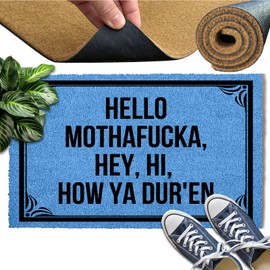 Hurdorak Doormat Hello Mothafucka, Hey, Hi, How Ya Dur'En Welcome Mats for Front Door Mat Non Slip Mats Indoor Decor Bathroom Mat Entrance Rug, 23.6 X 15.7 Inches, 6mm Thick, Blue