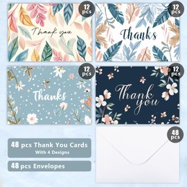 48 Pcs Floral Thank You Cards With Envelopes,Painted Florals Blank Greeting Cards,Blank Thank You Cards,3.7x5.2 Inch Painted Florals Design,Thank You Notes for Wedding,Baby Shower,Bridal Showers