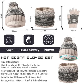 Waylipun Kids Winter Hat Scarf Gloves Set, 3 in 1 Thermal Knit Hat Scarf Gloves Set with Double Layer Fleece Lining, Snow Pattern Cold Weather Set for Kids Boys Girls 2-7 Years (Grey)