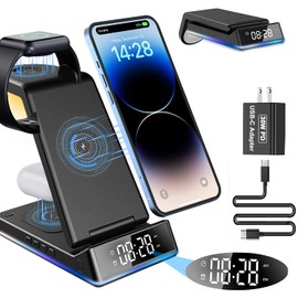 Lishang ワイヤレス充電器 3in1 折りたたみ式 15W急速充電【アラーム/クロック付き】ワイヤレス充電スタンド 置くだけ充電器 スマホ・エアポッズ・アップルウォッチに同時に充電 スタンド ナイトライト付け